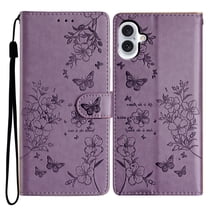 for iPhone 17 Flip Case with Credit Card Slots, Flower Butterfly Embossed PU Leather Shockproof Cash Pocket Protective Wrist Strap Kickstand Wallet Case Cover for iPhone 17, Purple