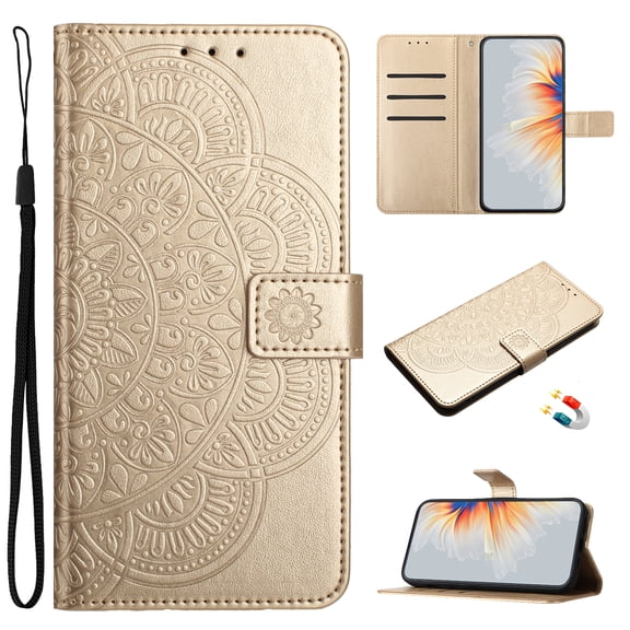 for iPhone 17 Floral Embossed Wallet Flip Case, with Card Slots Wrist Strap Kickstand Shockproof Full Body Protection Fashion Magnetic Closure Phone Cover for iPhone 17, Gold