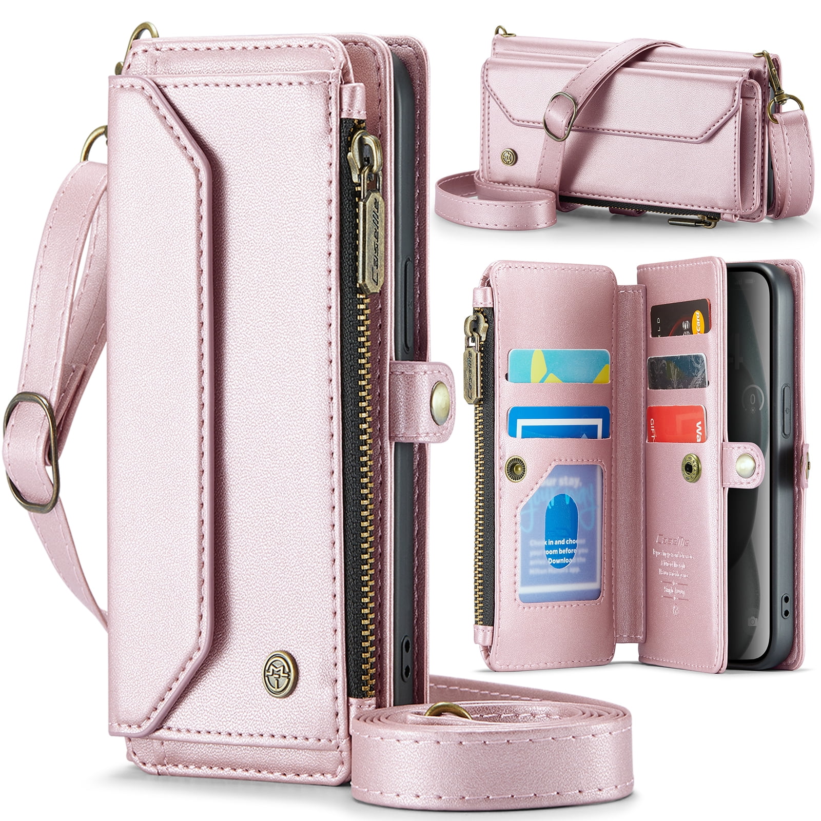 for iPhone 17 Full Body Protection Wallet Folio Flip Case, Shoulder Strap & Wristlet Card Slots Zipper Pocket RFID Blocking Rugged Durable PU Leather Phone Case Cover, Pink