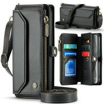 for iPhone 17 Full Body Protection Wallet Folio Flip Case, Shoulder Strap & Wristlet Card Slots Zipper Pocket RFID Blocking Rugged Durable PU Leather Phone Case Cover, Black