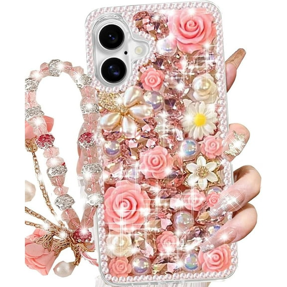 for iPhone 17 Glitter Bling Case, Girly Cute Luxury 3D Sparkle Crystal Rhinestones Flowers Shiny Gemstone Diamond Pearl with Lanyard Wrist Strap Women Girls Phone Case for iPhone 17 6.3",Pink