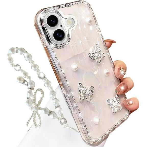 for iPhone 17 Glitter Butterfly Case,Cute Girly 3D Pearl Crystal Diamond Bling Sparkle Shiny with Wrist Strap Chain Soft TPU Silicone Aesthetic Women Girls Phone Case for iPhone 17 6.3",White