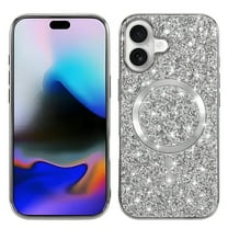 for iPhone 17 Glitter Case, Magnetic Phone Case [Compatible with Mag-Safe] Women Girls Bling Sparkle Plating Bumper Hybrid Shockproof Protective Cover for iPhone 17, Silver