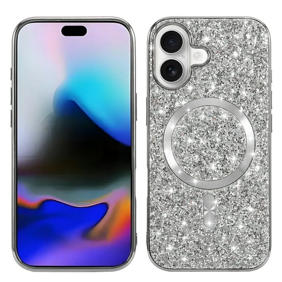 for iPhone 17 Glitter Case, Magnetic Phone Case [Compatible with Mag-Safe] Women Girls Bling Sparkle Plating Bumper Hybrid Shockproof Protective Cover for iPhone 17, Silver