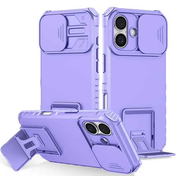For iPhone 17 Hard PC Case with Slide Camera Lens Cover, Military Grade Drop Protection Heavy Duty Shockproof Multi-angle Kickstand Rugged Case for iPhone 17,Purple