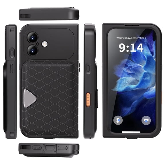 For iPhone 17 IP68 Waterproof Case, Full Body Rugged Shockproof Cover with Built-in Screen Protector, Magnetic Card Slot & Makeup Mirror Wallet Phone Case, Black