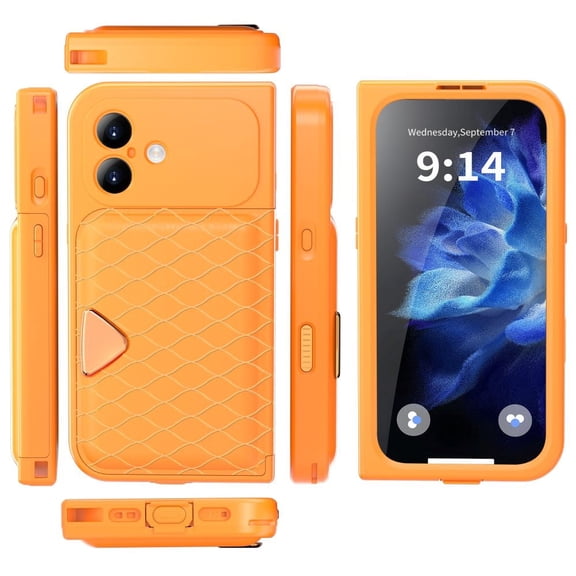 For iPhone 17 IP68 Waterproof Case, Full Body Rugged Shockproof Cover with Built-in Screen Protector, Magnetic Card Slot & Makeup Mirror Wallet Phone Case,Orange