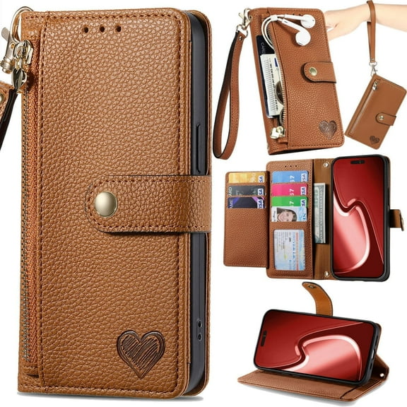 for iPhone 17 Leather Phone Case Wallet Zipper Pocket Cowhide Pattern Folio Flip Cover, RFID Anti-theft Card Holder Cash Slot, Double Magnetic Buckle, Wrist Strap