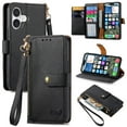 thumbnail image 1 of For iPhone 17 Leather Phone Case Wallet Zipper Pocket Pouch Folio Flip Cover Kickstand, Multi Anti-theft Card Holder Cash Slot, Double Magnetic Buckle, Wrist Lanyard,Black,For iPhone 17, 1 of 11