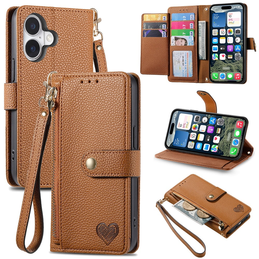 For iPhone 17 Leather Phone Case Wallet Zipper Pocket Pouch Folio Flip Cover Kickstand, Multi Anti-theft Card Holder Cash Slot, Double Magnetic Buckle, Wrist Lanyard,Brown,For iPhone 17
