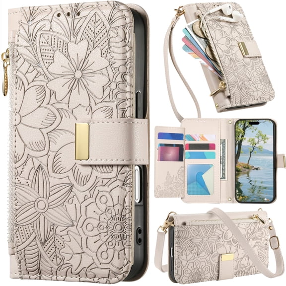 for iPhone 17 Leather Phone Case Zipper Wallet Handbag, Embossed Floral Folio Flip Cover Kickstand, 2 Layer Card Slot Cash Holder, Magnetic Buckle, Shoulder Wrist Strap