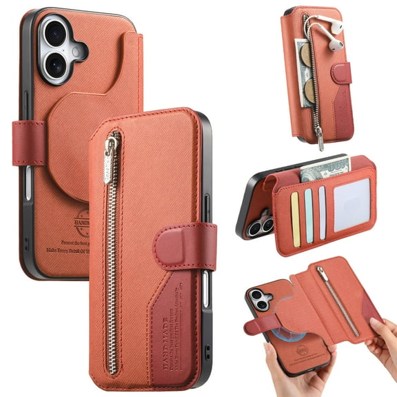 for iPhone 17 Leather Wallet Case, Detachable Magentic RFID Blocking Card Slots Cash Pocket Zipper Magnetic Closure Kickstand Shockproof Drop Protection Flip Case Rugged Cover, Brown