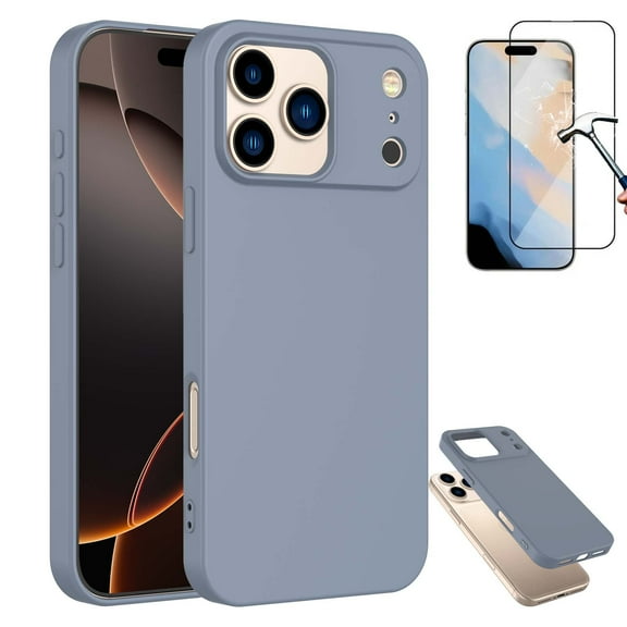 iPhone 17 Liquid Silicone Case with Tempered Glass Screen Protector,Shockproof Rugged Cover,Military-Grade Drop Protection,Microfiber Lining, Phone Case for Apple iPhone 17 6.3"- Gray