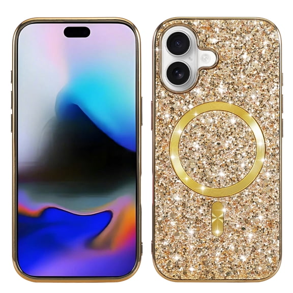 for iPhone 17 Magnetic Case, Fashionable Sparkle Glitter Case Compatible with MagSafe Charging, Anti-Scratch Shockproof Phone Cover for iPhone 17 Plating Bumper Bling Case, Gold