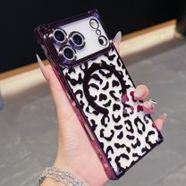 for iPhone 17 Magnetic Case, Luxury Leopard Print Pattern Plating Phone Case with Glitter Bling Lens Circle, Support Wireless Charging, Clear Shockproof Back Cover for Women Girls, Darkpurple