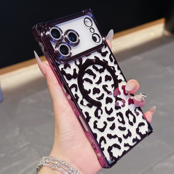 for iPhone 17 Magnetic Case, Luxury Leopard Print Pattern Plating Phone Case with Glitter Bling Lens Circle, Support Wireless Charging, Clear Shockproof Back Cover for Women Girls, Darkpurple