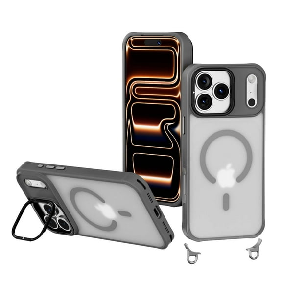 for iPhone 17 Magnetic Case with Stand & 8mm Shoulder Strap, Compatible with Mag-Safe, Crossbody Phone Case with Adjustable Lanyard, Shockproof Hybrid Cover for iPhone 17, Gray
