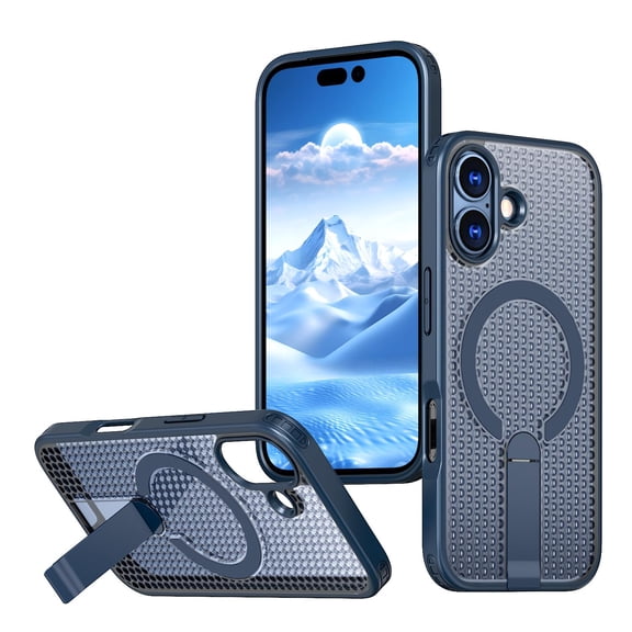 for iPhone 17 Magnetic Case, Wireless Charging Support, with Stand, Mil-Grade Drop Protection, Adjustable Bracket for iPhone 17 Case, Heat Dissipation Cover, Blue