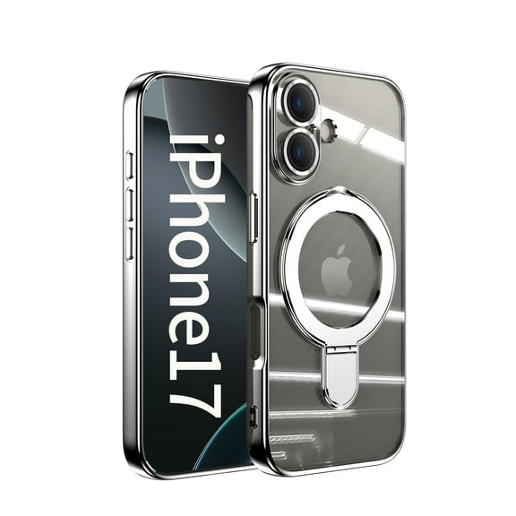 for iPhone 17 Magnetic Clear Case with All-inclusive Camera Lens Film [Compatible with MagSafe] Shockproof Plating Anti-yellowing Transparent Ring Kickstand Slim Phone Case,Gray