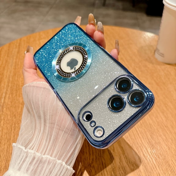 for iPhone 17 Magnetic Glitter Card Clear Case Compatible with MagSafe, Drop Protection Slim Shockproof Case with Camera Lens Protector Plating Bling Cover for iPhone 17, Blue