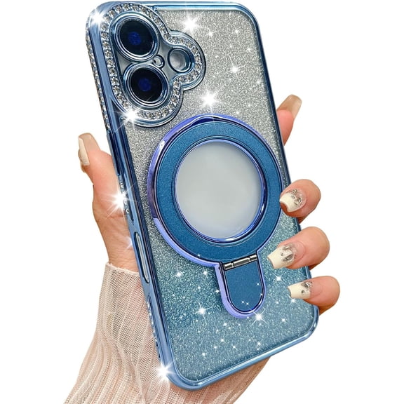 for iPhone 17 Magnetic Glitter Case [Compatible with MagSafe] Women Girls Bling Rhinestone Case with Stand Luxury Diamond Camera Protection Shockproof Case for iPhone 17