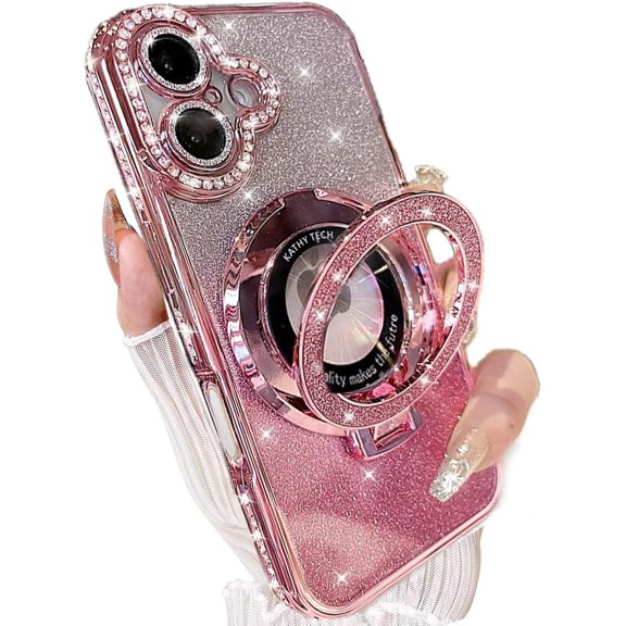 for iPhone 17 Magnetic Kickstand Case, [Compatible with Magsafe] Shockproof Cute Bling Glitter Diamond Rhinestone Ring Holder Camera Protector Soft Cover for Girls Woman for iPhone 17, Pink
