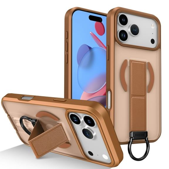 for iPhone 17 Magnetic PU Leather TPU Case Stand Bracket Ring Hand Strap, Compatible with MagSafe, Luxury Shockproof Slim Translucent Frosted Phone Case for iPhone 17, Khaki