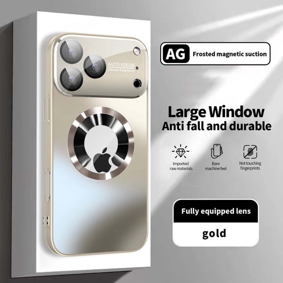 For iPhone 17 Magnetic Phone Case,Built-in Camera Lens Protector,Logo View Designing,Compatible with MagSafe,Shockproof Military Grade Drop Protection Ultra Slim Phone Case,Gold