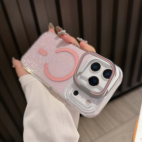 For iPhone 17 Magnetic Phone Case,Built-in Lens Ring Kickstand,Compatible with Mag-Safe,Luxury Bling Glitter Back,Ultra Slim Shockproof Protection,Glitter Transparent Phone Case,Pink
