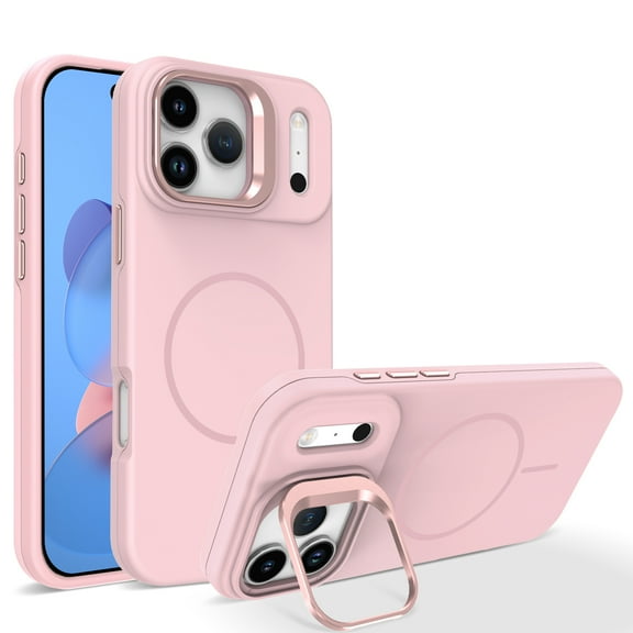 For iPhone 17 Magnetic Phone Case,[Compatible with Mag-Safe],Built-in Contractile Lens Ring Kickstand,Anti-fingerprint Matte SkinFeel Back,Ultra Slim Shockproof Phone Case,Pink