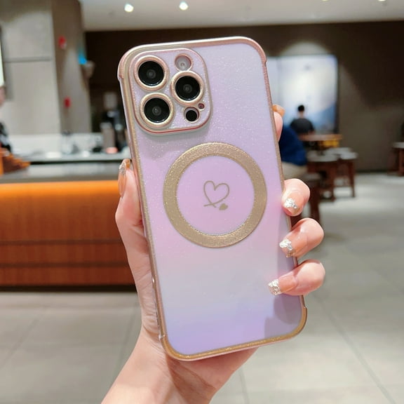 For iPhone 17 Magnetic Phone Case,Compatible with Mag-Safe,Electroplated Double Hearts Design,Bling Glitter Dazzling Shockproof Anti-fall Ultra Slim Soft TPU  Phone Case Cover,Purple