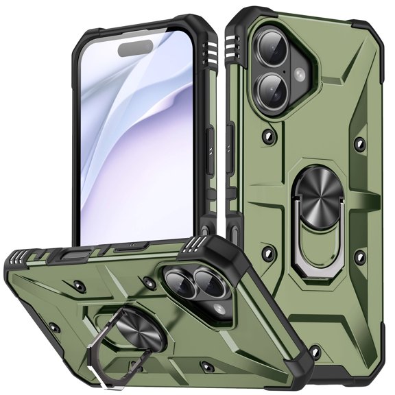 For iPhone 17 Magnetic Phone Case,Heavy Duty Shockrpoof Anti-Scratch Protection,With Rotatable Ring Kickstand,Drop Protection,Rugged Durable Phone Case Cover For iPhone 17,Armygreen