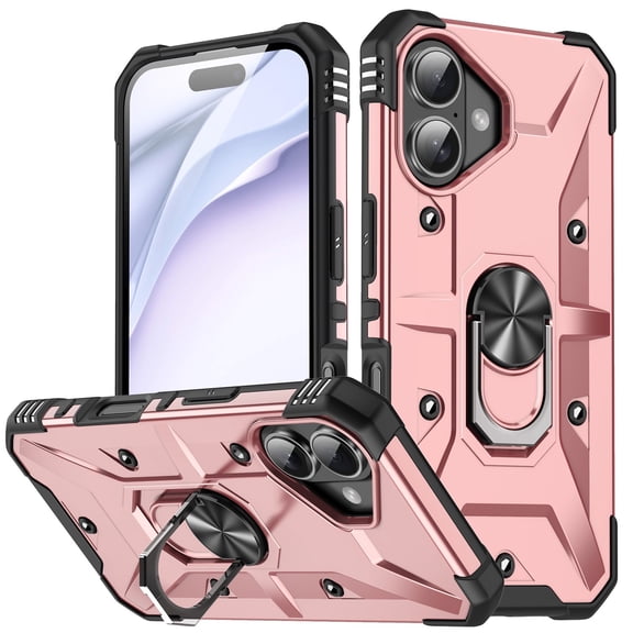 For iPhone 17 Magnetic Phone Case,Heavy Duty Shockrpoof Anti-Scratch Protection,With Rotatable Ring Kickstand,Drop Protection,Rugged Durable Phone Case Cover For iPhone 17,Rosegold
