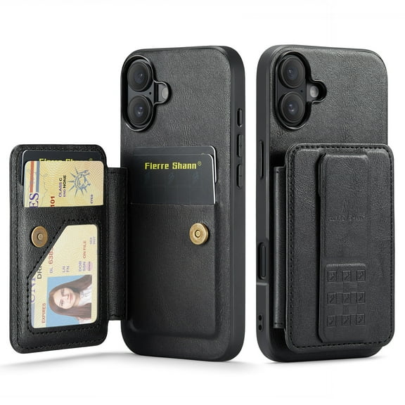 for iPhone 17 PU Leather Back Case, Vintage Slim Card Slot with Magnetic Closure Wristband Holder Kickstand RFID Blocking Wallet Phone Case Cover for iPhone 17, Black