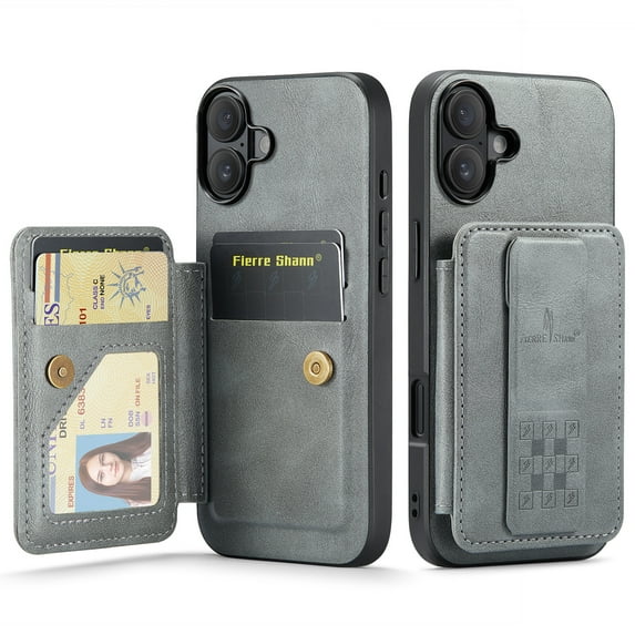 for iPhone 17 PU Leather Back Case, Vintage Slim Card Slot with Magnetic Closure Wristband Holder Kickstand RFID Blocking Wallet Phone Case Cover for iPhone 17, Gray