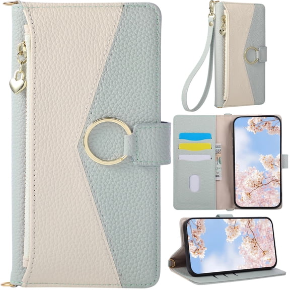 for iPhone 17 Pebbled Leather Phone Case Wallet Wristlet Zipper Candy Color Block Folio Flip Cover Kickstand, Card Slot Cash Holder, Magnetic Buckle Ring, Wrist Strap