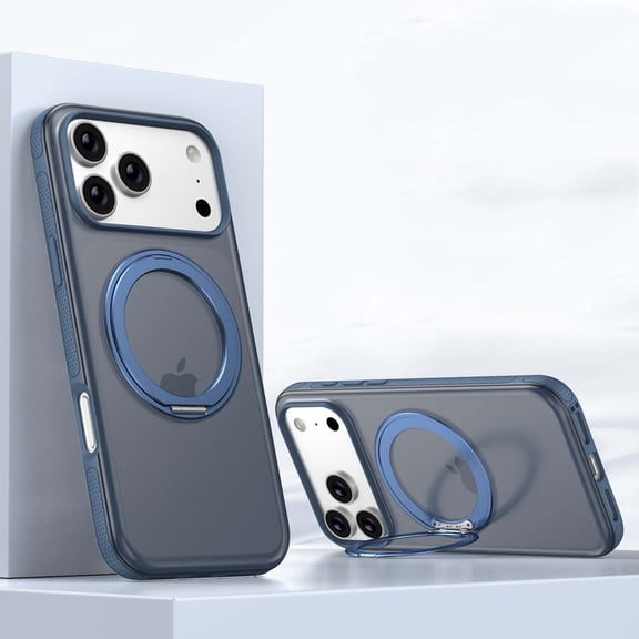 For iPhone 17 Phone Case,360° Rotatable Ring Kickstand,Anti-fingerprint Matte Translucent Back,Shockproof Anti-fall Drop Protection,Support Mag-Safe,Skin-feel Durable Phone Case,Navyblue