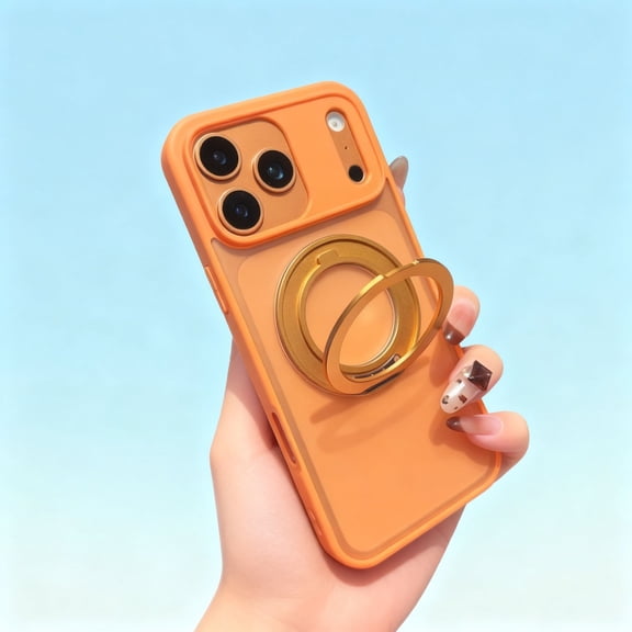 For iPhone 17 Phone Case,360° Rotatable Ring Kickstand,Compatible with Mag-Safe,PC + TPU Hybrid Protection,Matte Skin-feel Anti-fingerprint Translucent Back,Shockproof Phone Case,Orange
