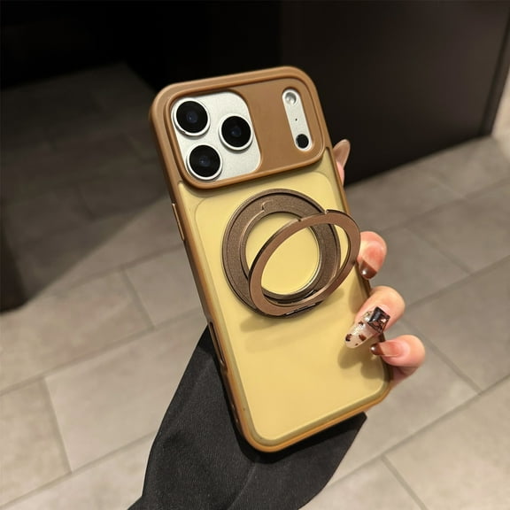 For iPhone 17 Phone Case,360° Rotatable Ring Kickstand,Compatible with Mag-Safe,PC + TPU Hybrid Protection,Matte Skin-feel Anti-fingerprint Translucent Back,Shockproof Phone Case,Gold