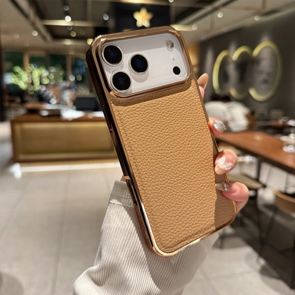 For iPhone 17 Phone Case,Anti-Scratch Lychee Pattern PU Leather Back,Ultra Slim Shockproof Anti-fall Protection,Electroplated Frame,Non-Slip Rugged Durable Phone Case,Gold
