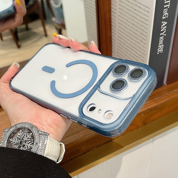 For iPhone 17 Phone Case,Bling Luxury Glitter Anti-fall Bumper,Bling Lens Ring,Transparent Back,Compatible with Mag-Safe,Ultra SLim Shockproof Drop Protection,Rugged Phone Case,Blue