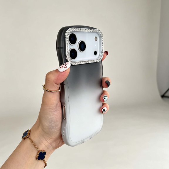 For iPhone 17 Phone Case,Bling Shining Luxury Diamond Camera Lens Ring Design,Gradient Back,Cute Wavy Frame,Shockproof Non-Slip Matte Anti-Scratch Skin-Feeling Phone Case,Gray