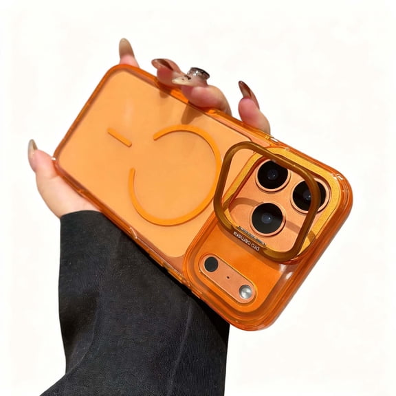 For iPhone 17 Phone Case,Clear Back Design,Compatible with Mag-Safe,With Lens Ring Kickstand,Ultra Slim Shockproof Anti-fall Drop Protection Anti-Scratch Rugged Phone Case,Orange