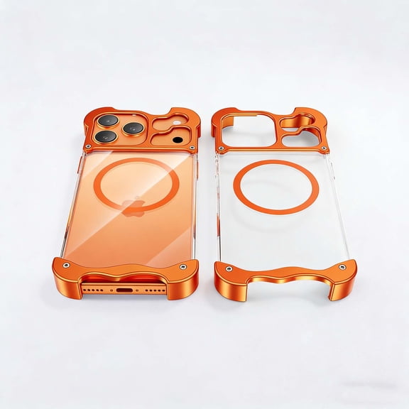 For iPhone 17 Phone Case,Compatible with Mag-Safe,Transparent Back Design,Hard PC + Metal Hybrid Shockproof Anti-fall Drop Protection,Durable Rugged Borderless Bumper Phone Case,Orange