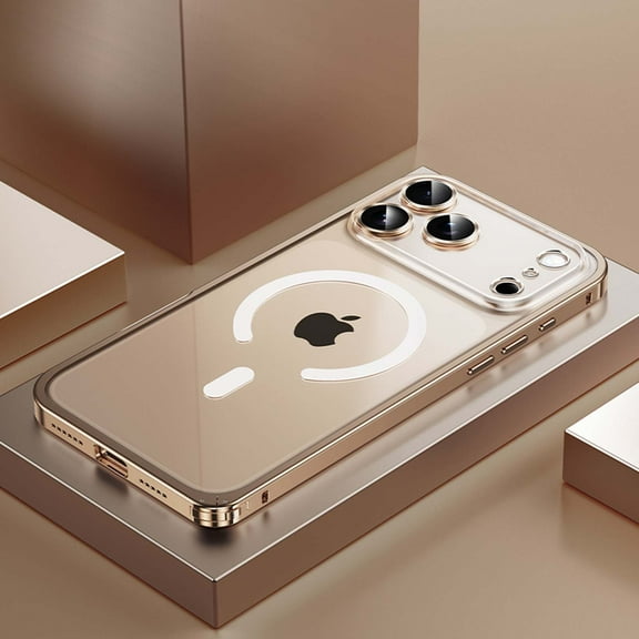 For iPhone 17 Phone Case,Compatible with Mag-safe,With Lens Protector,Rugged Anti-Scratch Metal Bumper,Hard PC Transparent Back,Shockproof Ultra Slim Durable Phone Case Cover,Gold