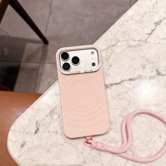 For iPhone 17 Phone Case,Diamond Camera Lens Ring Design,With Detachable Lanyard,Ripple Pattern Back,Ultra Slim Shockproof Anti-Scratch Skin-feel Durable Thin Fit Phone Case,Lightpink