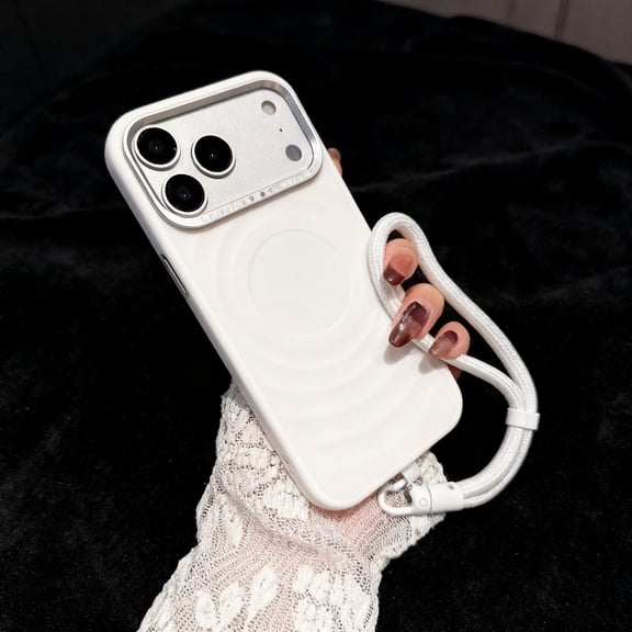 For iPhone 17 Phone Case,Diamond Camera Lens Ring Design,With Detachable Lanyard,Ripple Pattern Back,Ultra Slim Shockproof Anti-Scratch Skin-feel Durable Thin Fit Phone Case,White