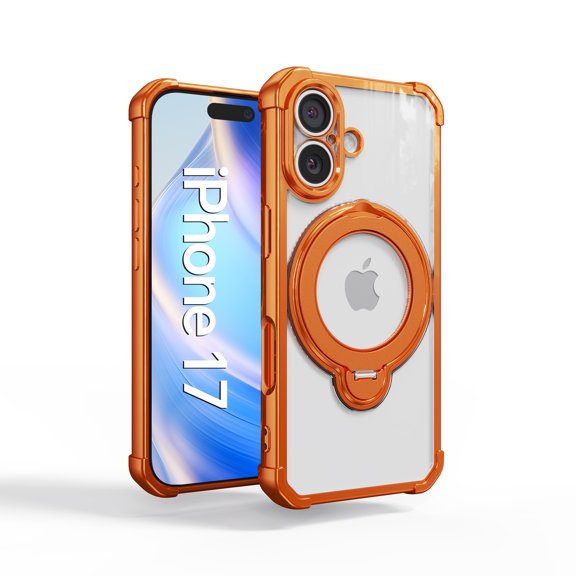 For iPhone 17 Phone Case,Fit For Wireless Charging,360°Rotatable Invisible Ring Kickstand,Crystal Transparent Back Design,Four-corner Rasied Shockproof Anti-fall Phone Case,Orange