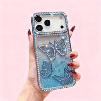 For iPhone 17 Phone Case,For Women Girls,Cute Luxury Sparkle Glitter Diamond Crystal Rhinestone Protective,Bling Diamond Butterfly,Ultra Slim Shockproof Drop Protection Phone Case,Blue