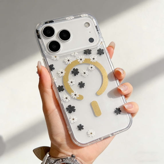 For iPhone 17 Phone Case,Fresh Floral Print Back Design,Crystal Transparent,Compatible With Wireless Charging,Ultra Slim Shockproof Anti-fall Anti-Scratch,Thin Fit Phone Case,B